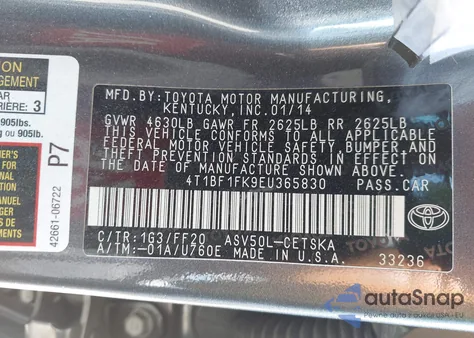 2014 Toyota Camry Se из США, поврежденный, VIN 4T1BF1FK9EU365830